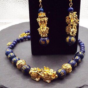 LAPIS STONE ENGRAVED BEADS W/ GOLDEN "SLEEPING DRAGON" NECKLACE & EARRINGS C1
